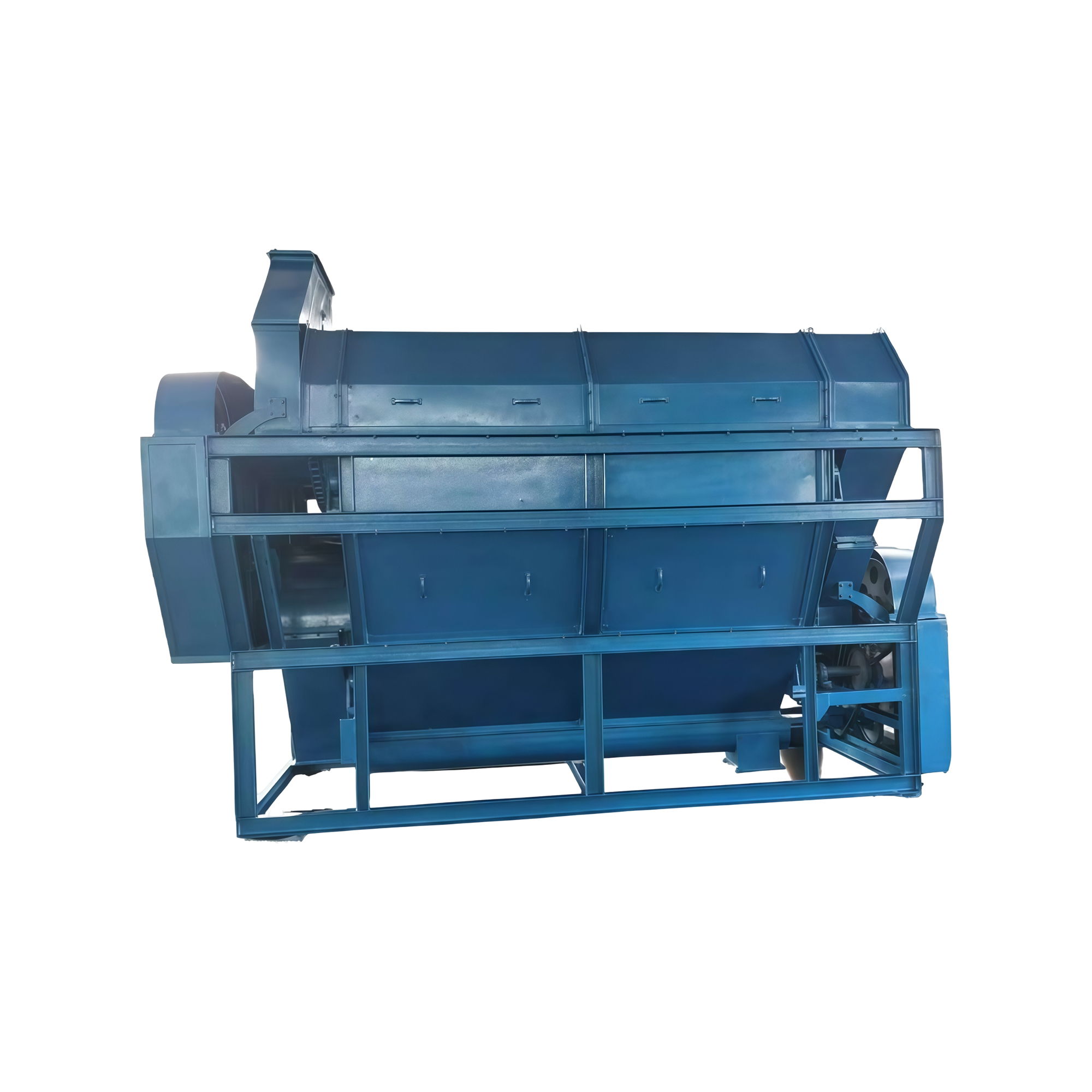 Vibrating screen machine on a steel frame with an inlet chute